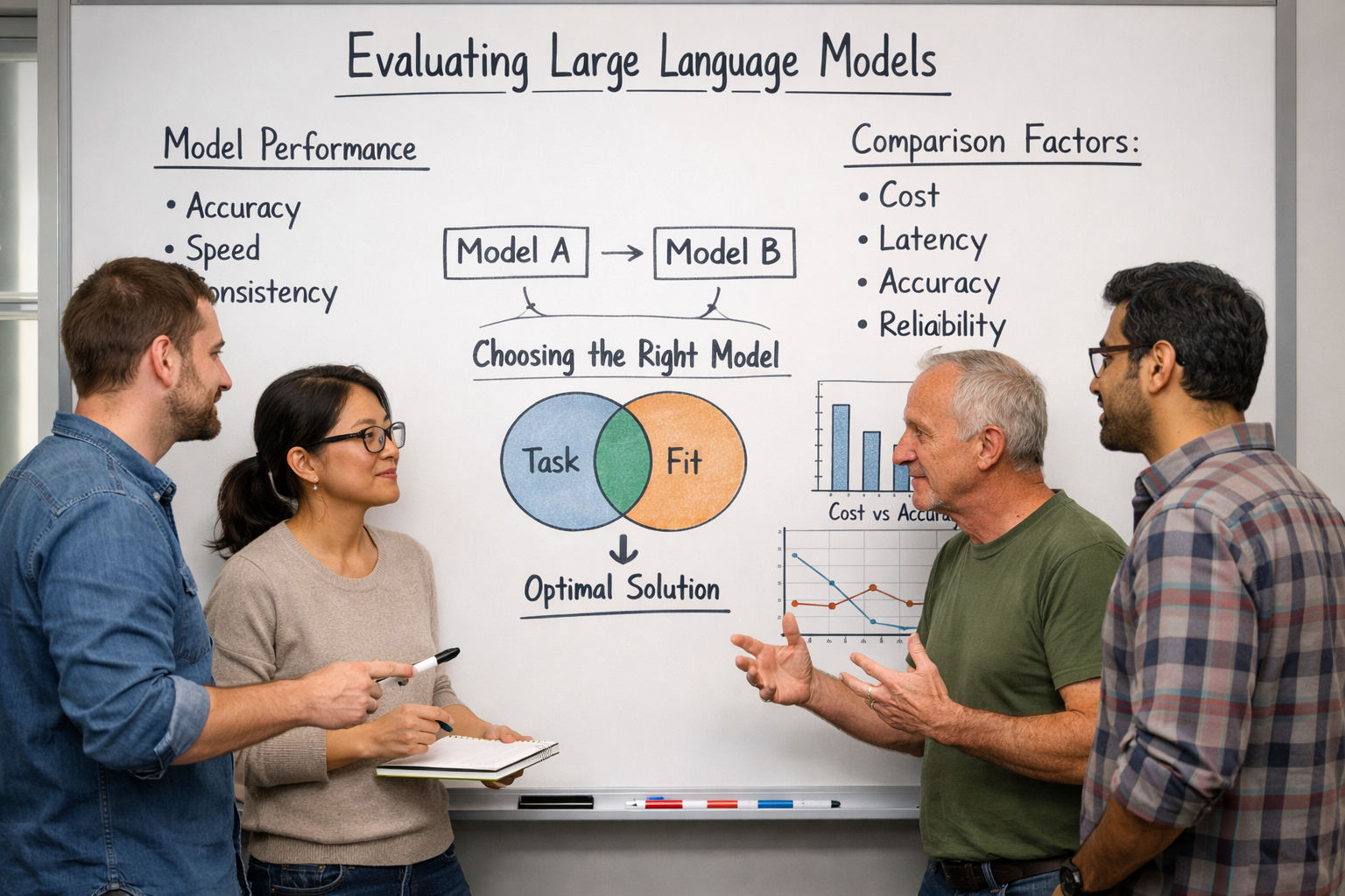 The image depicts a group of engineers collaborating around a whiteboard filled with diagrams, discussing various aspects of large language models, including model performance and the right model for specific tasks. Their interaction highlights the importance of evaluating different models when building generative AI applications.